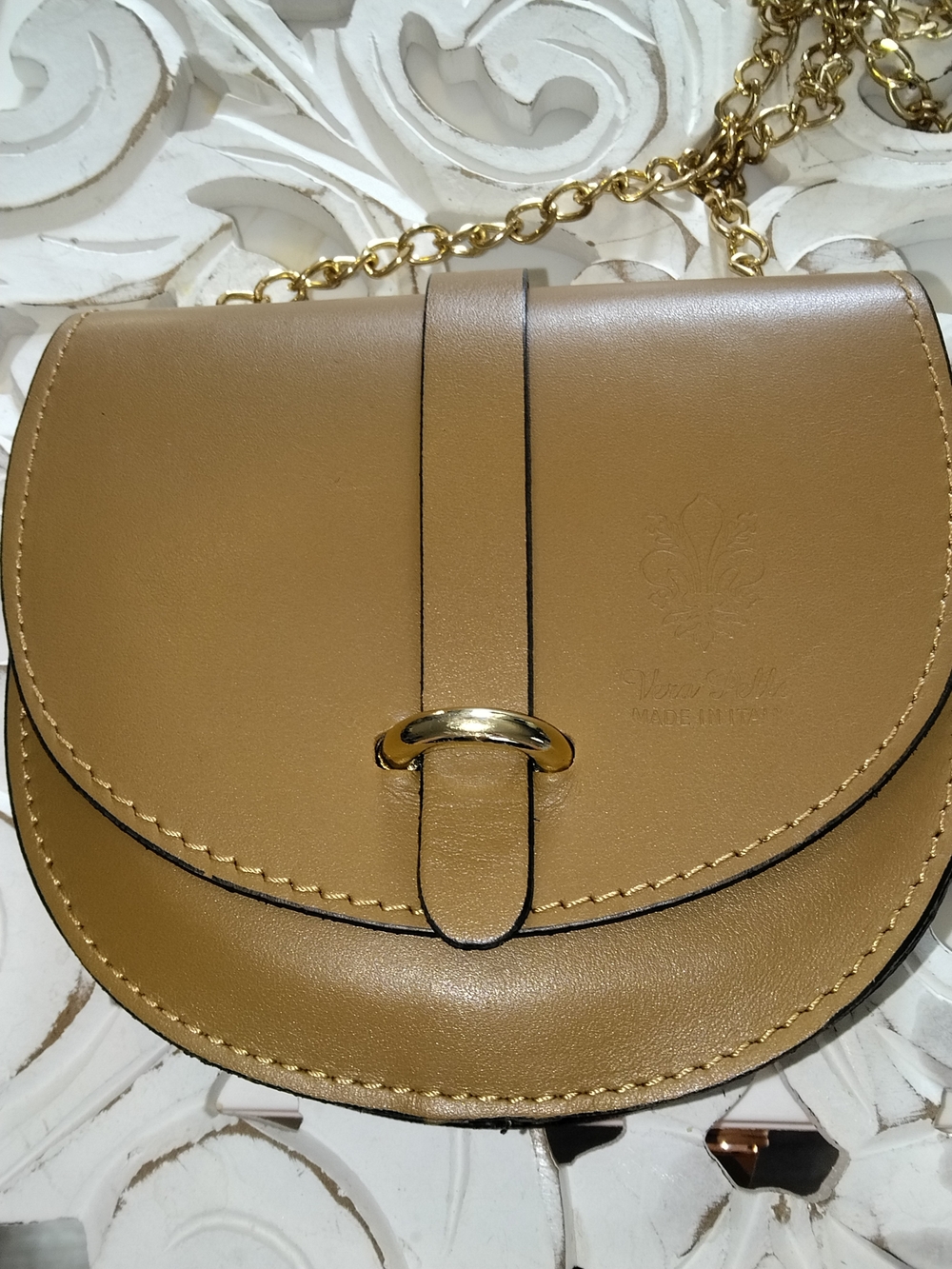 Made In Italy Tan Leather Crossbody Saddle Bag with Gold Chain (New)